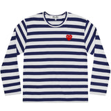 Play Comme des Garçons T-shirt - Blue White Stripes / Red Rhinestone Heart